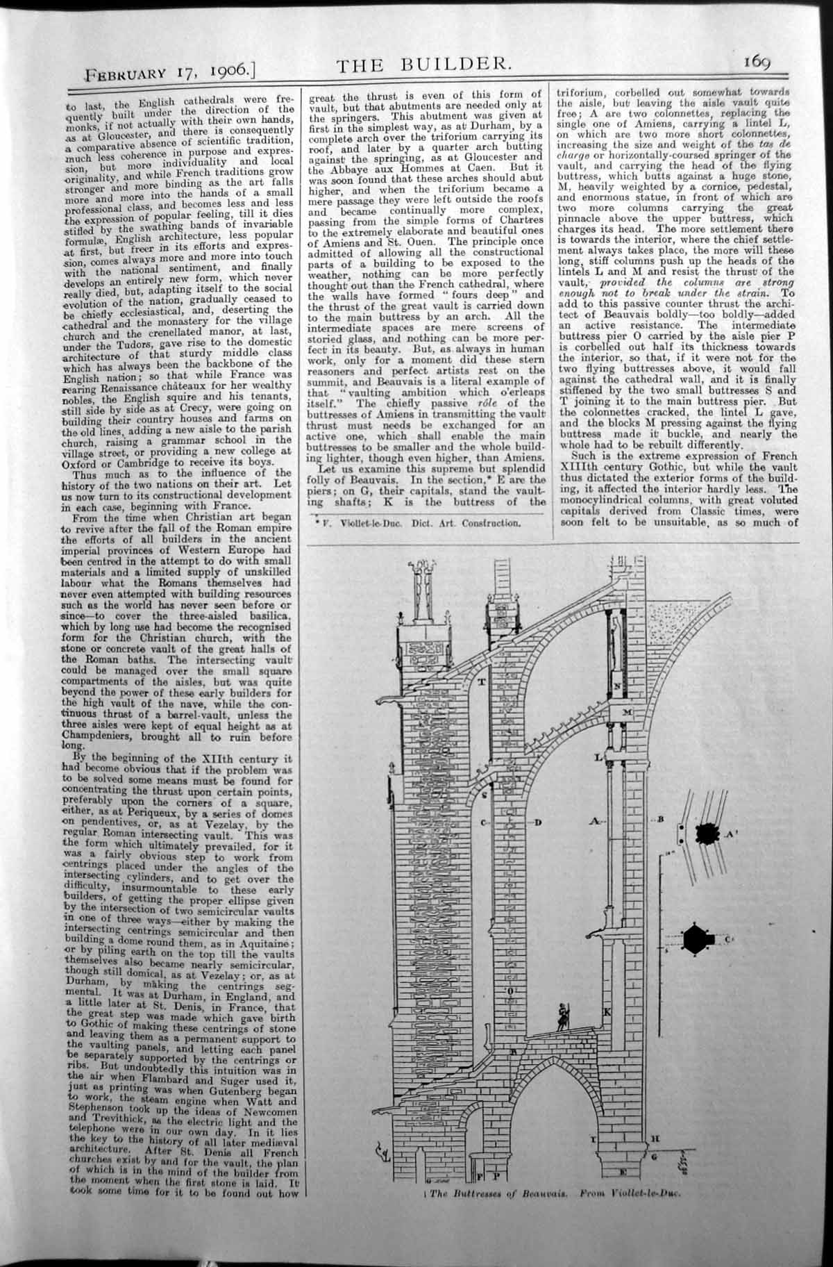 Antique Print Buttresses Beauvais Viollet-Le-Due Architecture 1906 Builder 20th
