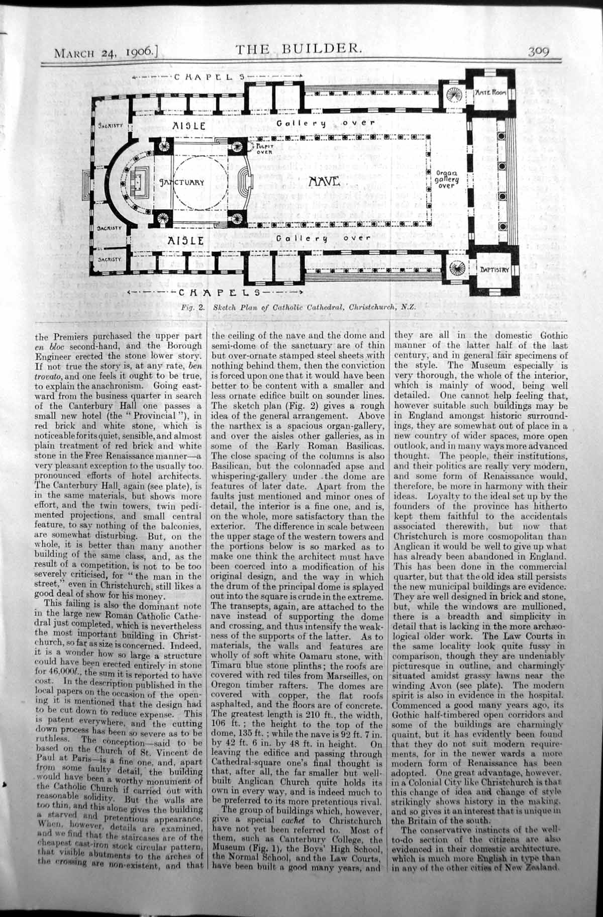 Old Print Plan Catholic Cathedral Christchurch Architecture 1906 Builder 20th