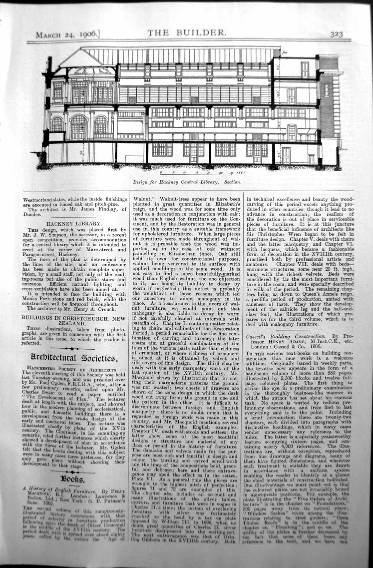Antique Old Print Design Hackney Central Library Architecture 1906 Builder 20th