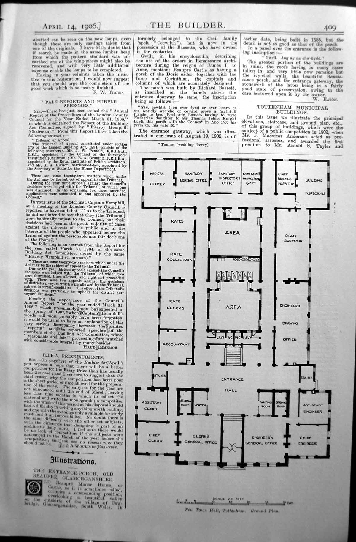 Antique Print Ground Plan New Town Hall Tottenham Architecture 1906 Builder