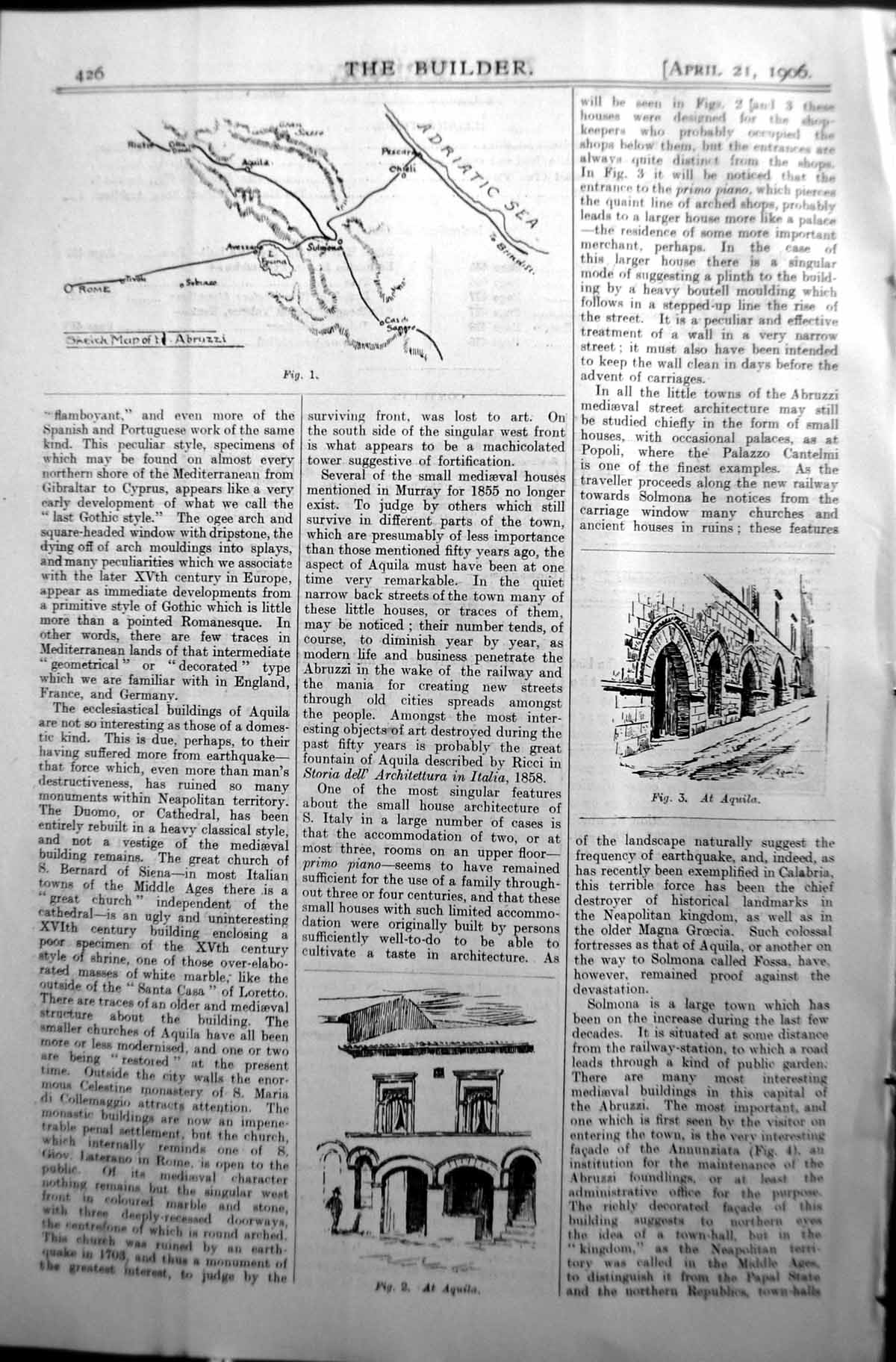 Original Old Antique Print Aquila Houses Architecture 1906 Builder Map Abruzzi