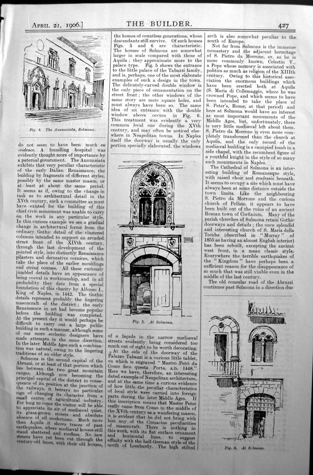 Original Old Antique Print Annunziata Solmona Houses Architecture 1906 Builder