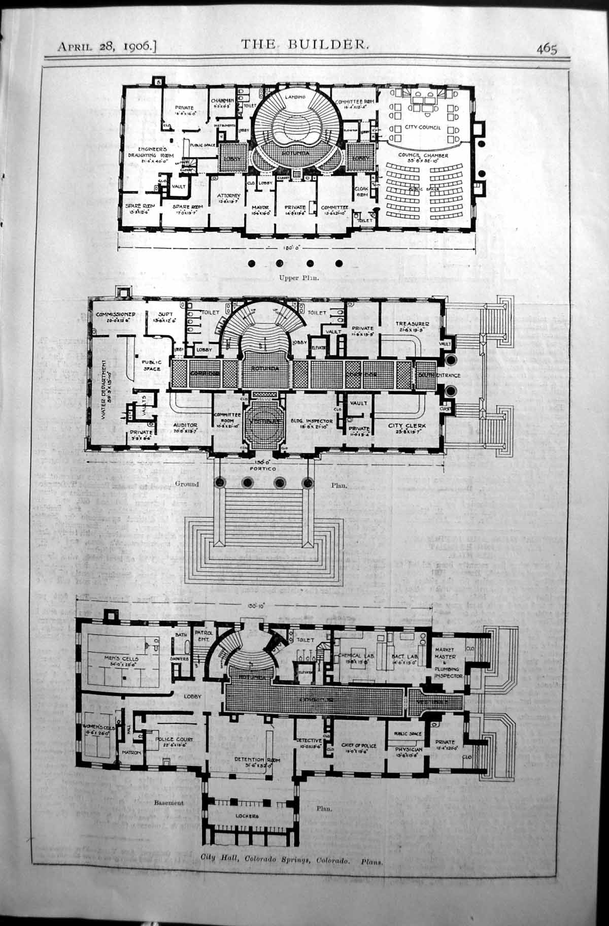 Antique Old Print Plan Cityhall Colorado Springs Architecture 1906 Builder 20th