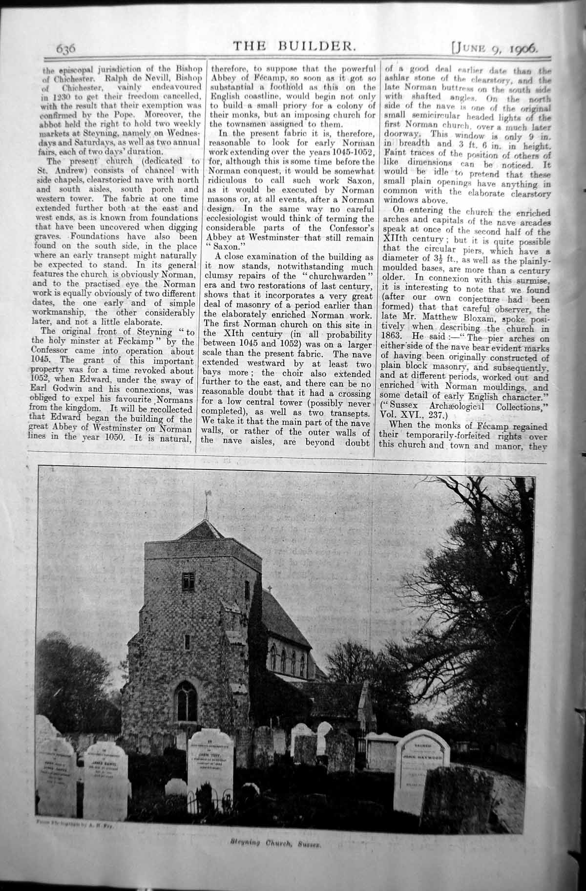 Antique Old Print Steyning Church Sussex England Architecture 1906 Builder 20th