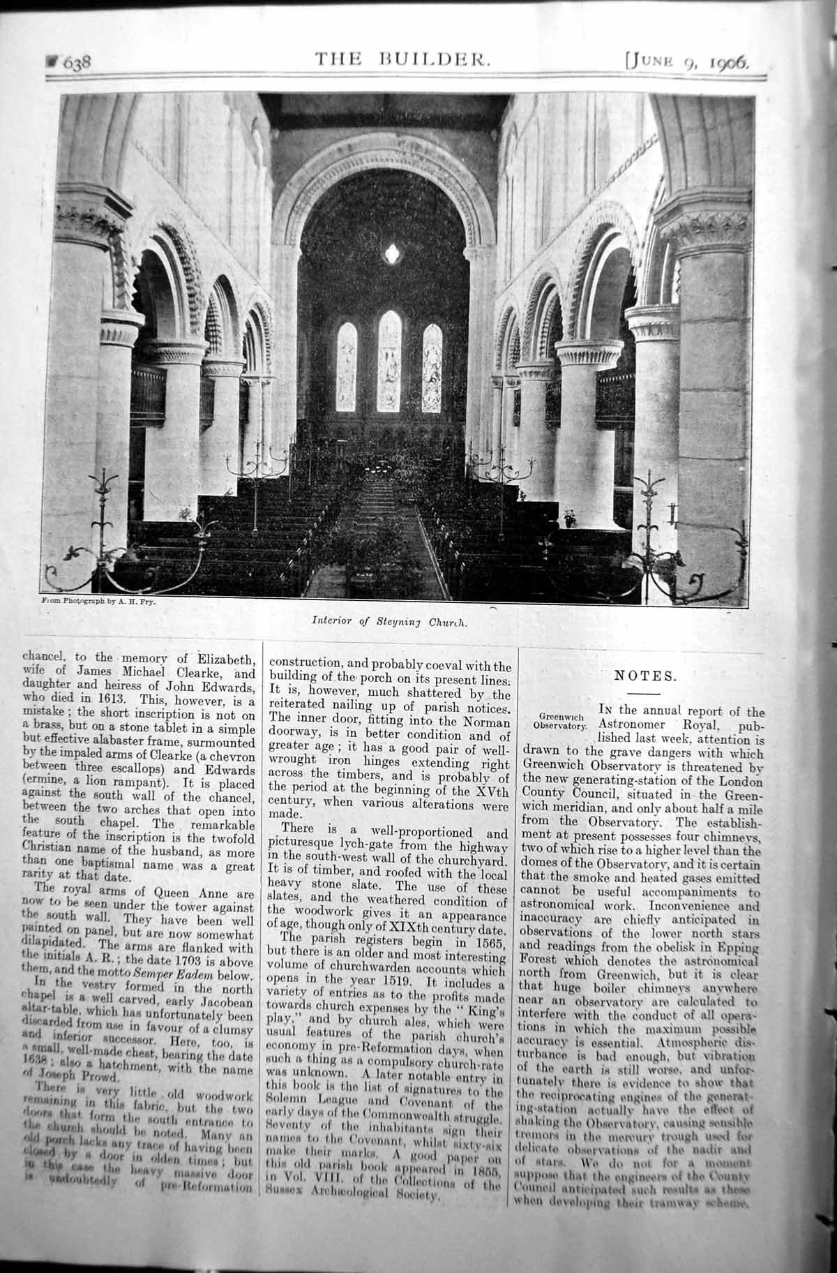 Original Old Antique Print Interior Steyning Church Architecture 1906 Builder
