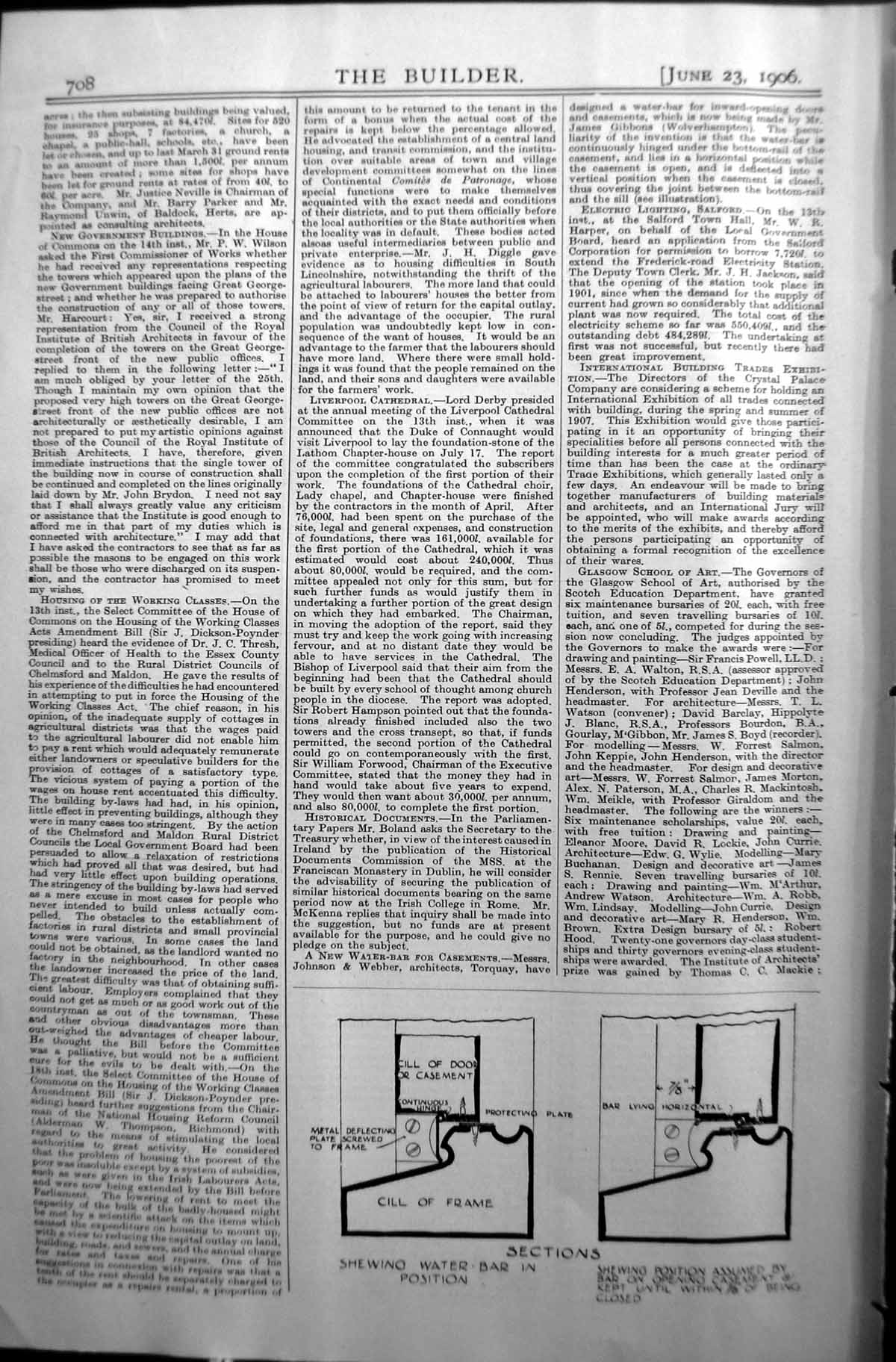 Original Old Antique Print Water Bar Position Opening Casement 1906 Builder