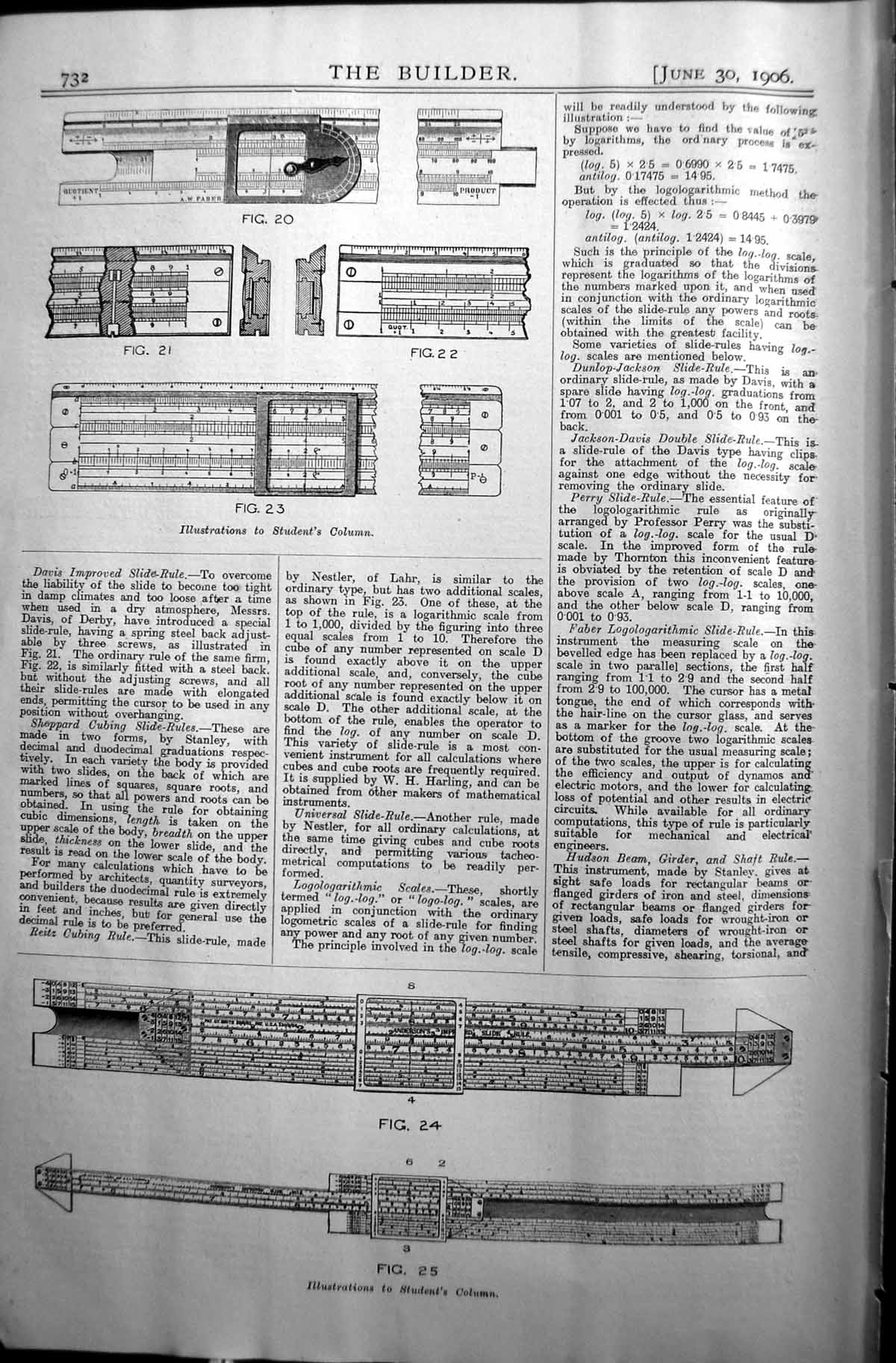 Original Old Antique Print Davis Improved Slide-Rule 1906 Builder 20th Century
