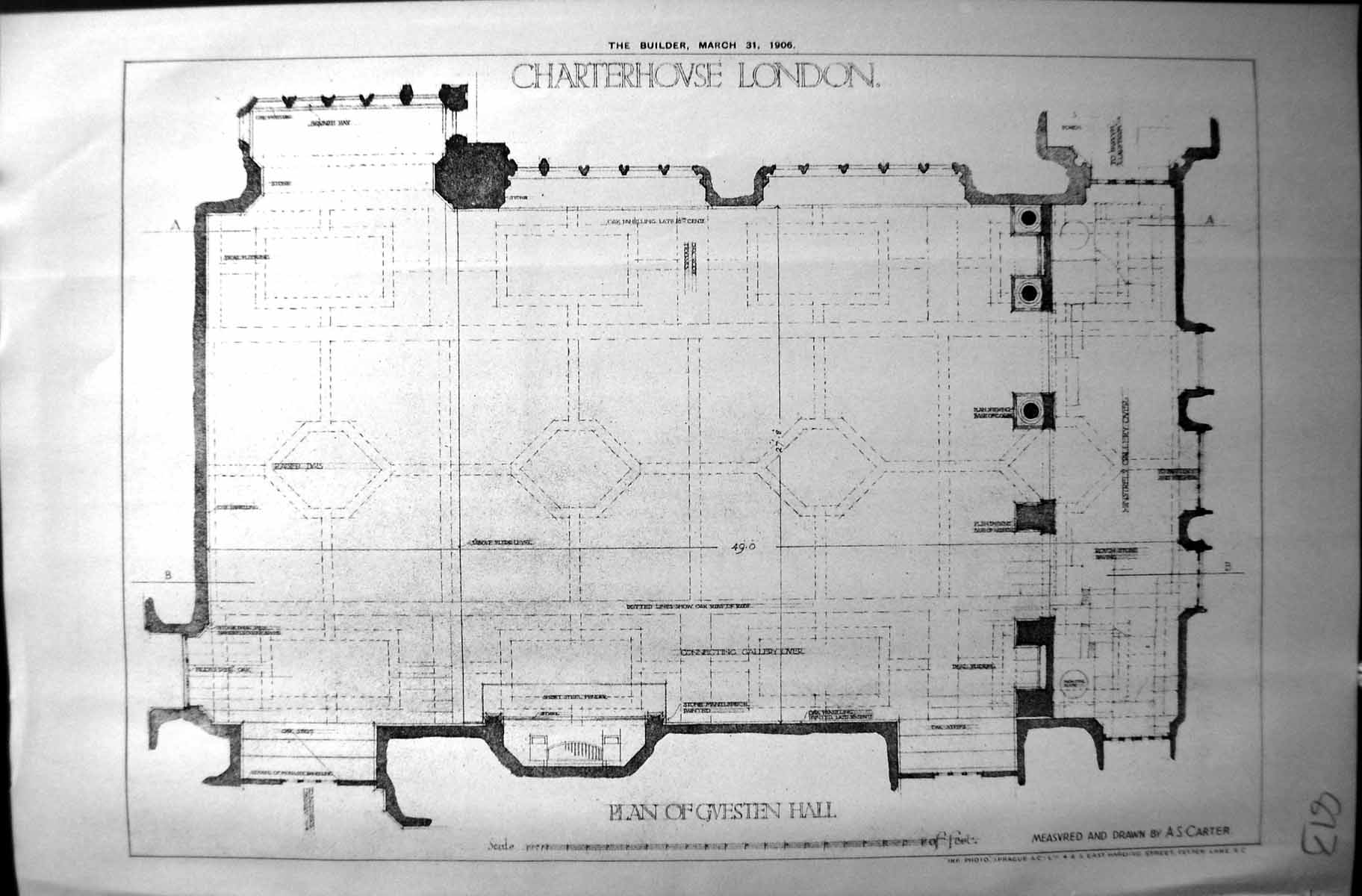 Antique Print Plan Charterhouse London Plan Hall Architecture 1906 Builder 20th