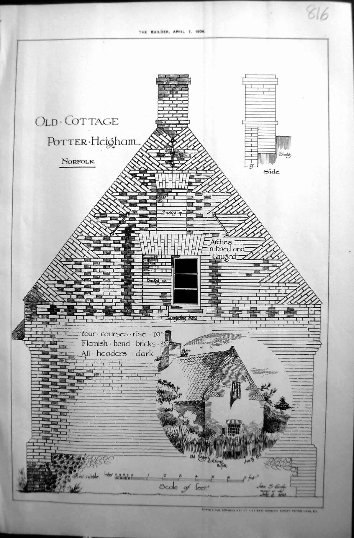 Antique Old Print Cottage Potter Heigham Norfolk Architecture 1906 Builder 20th