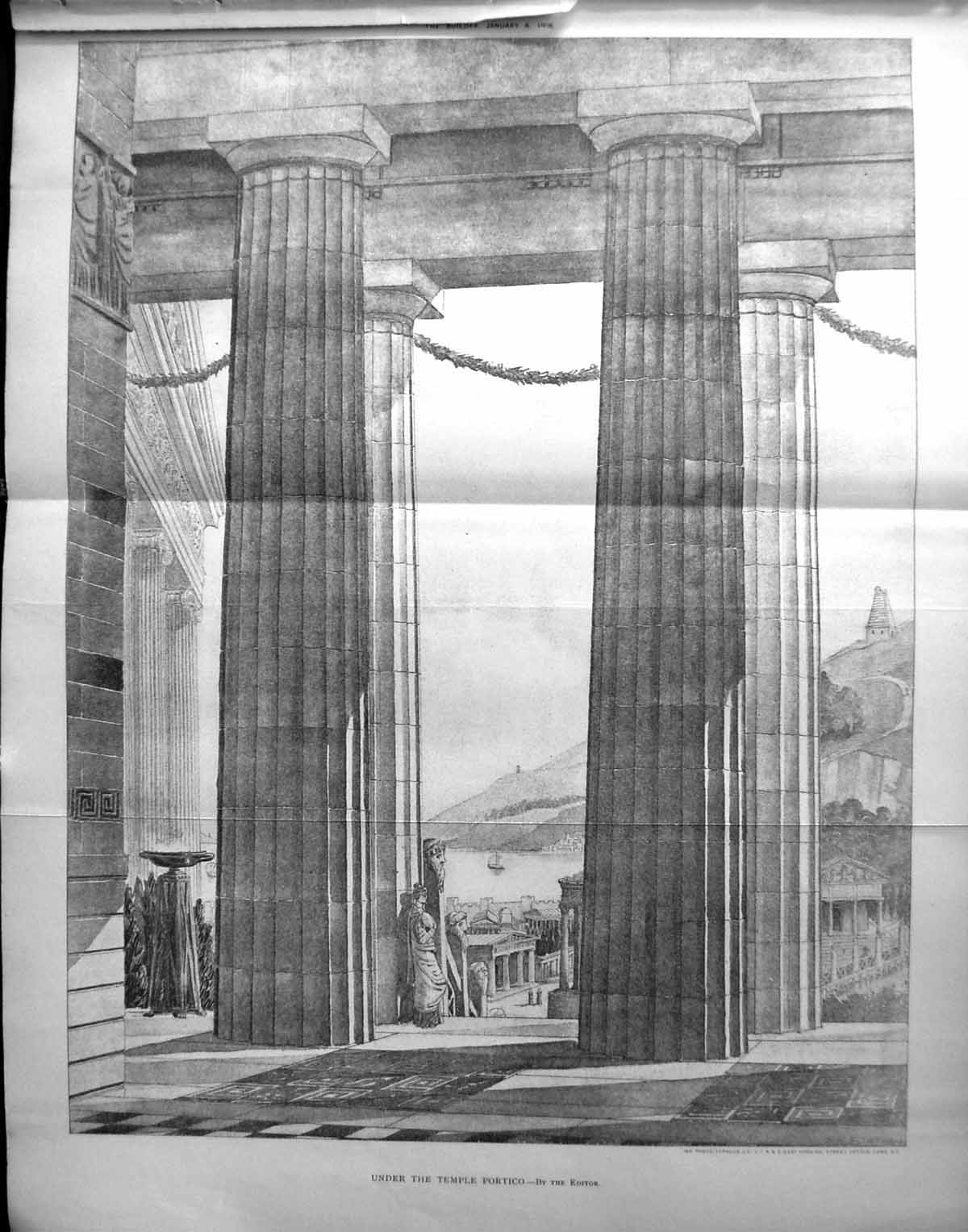 Original Old Antique Print Under Temple Portico Architecture 1906 Builder 20th