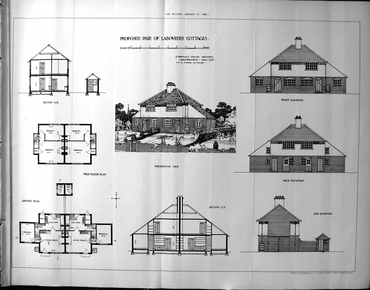 Old Plan Proposed Pair Labourers Cottages Coales Architecture 1906 Bu 20th