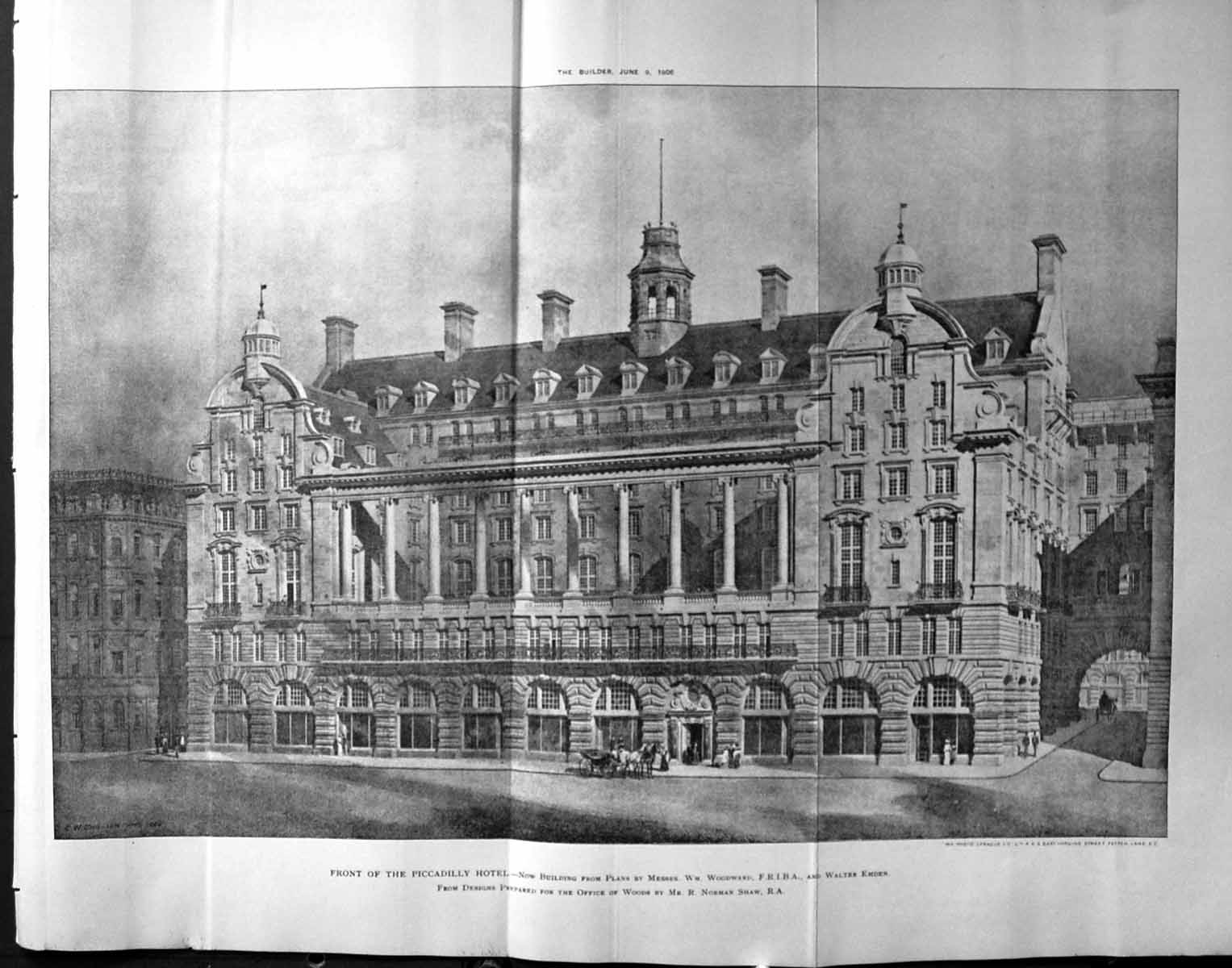 Old Print Piccadilly Hotel Woodward Emden Shaw Architecture 1906 Builder 20th