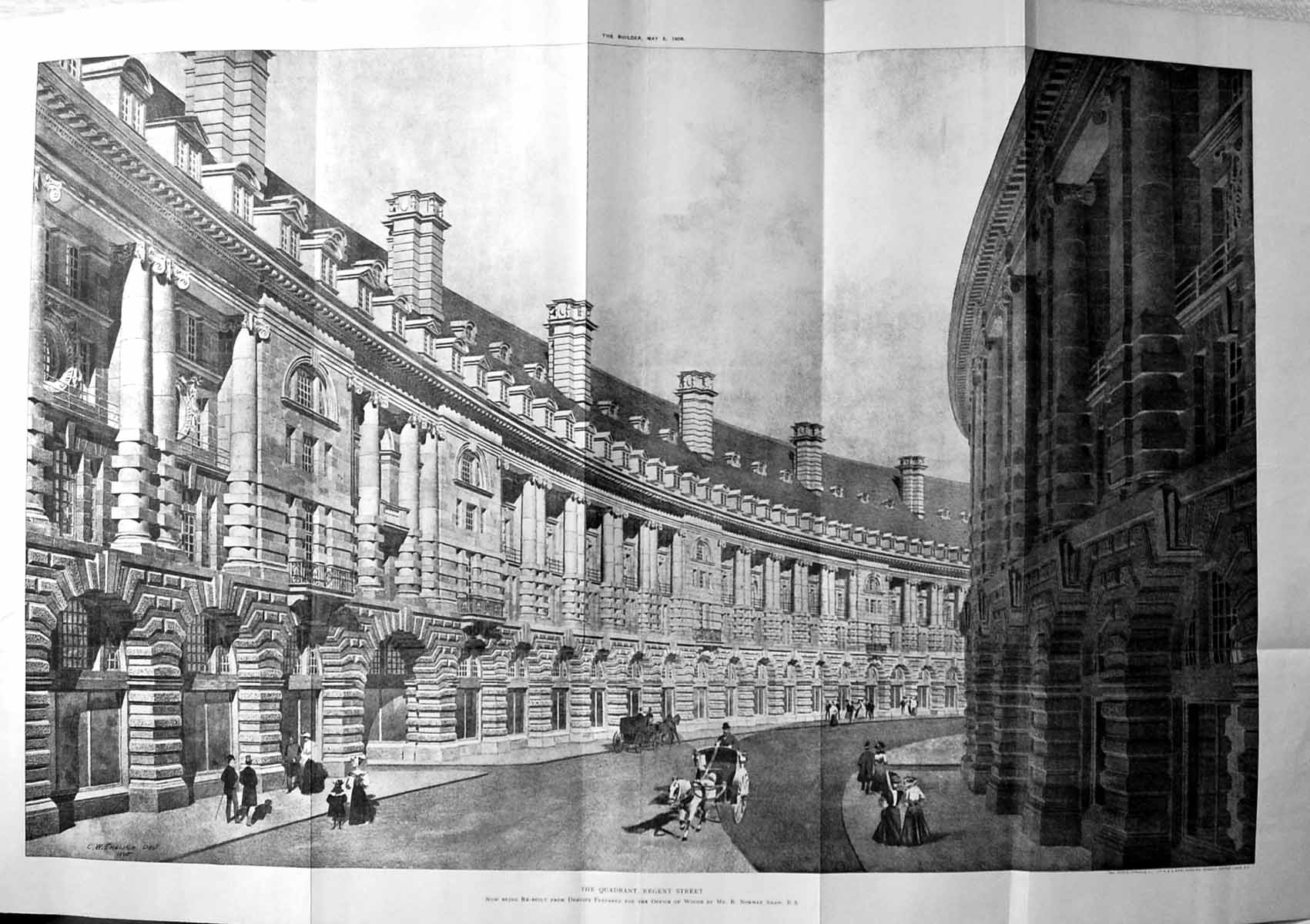 Antique Print Quadrant Regent Street Norman Shaw Architecture 1906 Builder