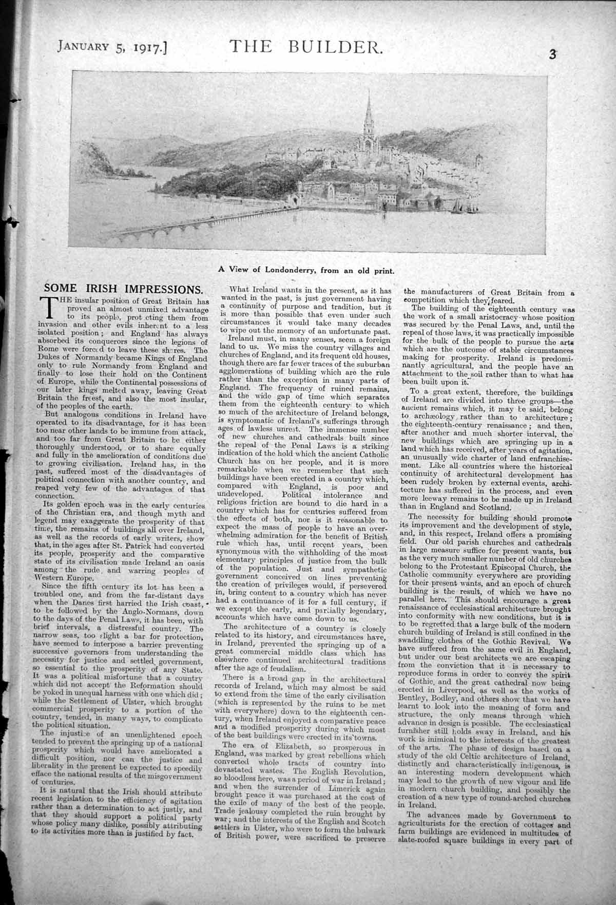 Original Old Vintage Print View Londonderry From Parnell Monument Dublin 1917 0