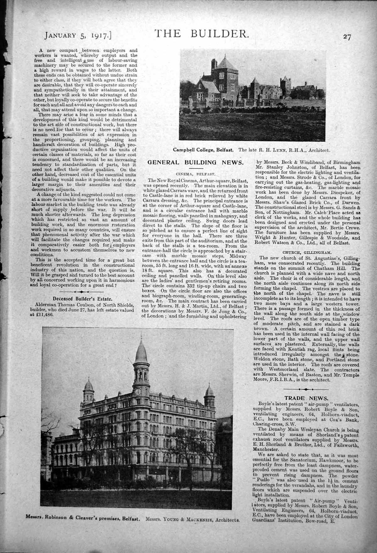 Antique Old Print Campbell College Belfast Robinson & Cleaver'S Premises 1917