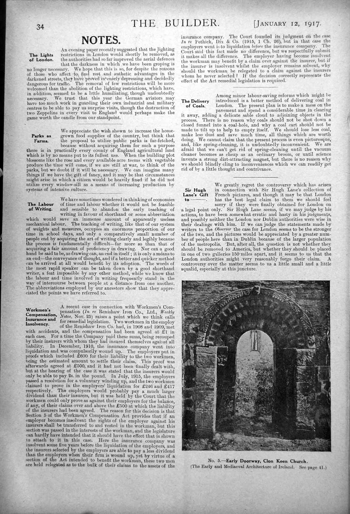 Antique Old Print Early Doorway Clon Keen Church Stone Arched Ireland 1917 20th