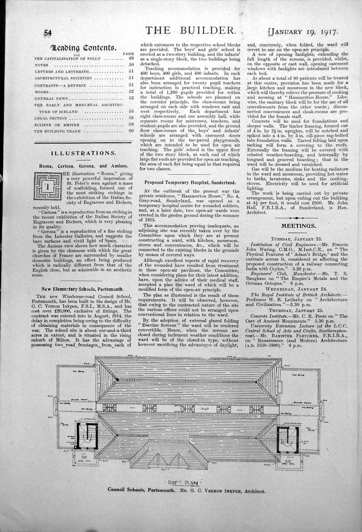 Original Old Vintage Print Council Schools Portsmouth Plan West Elevation 1917 0