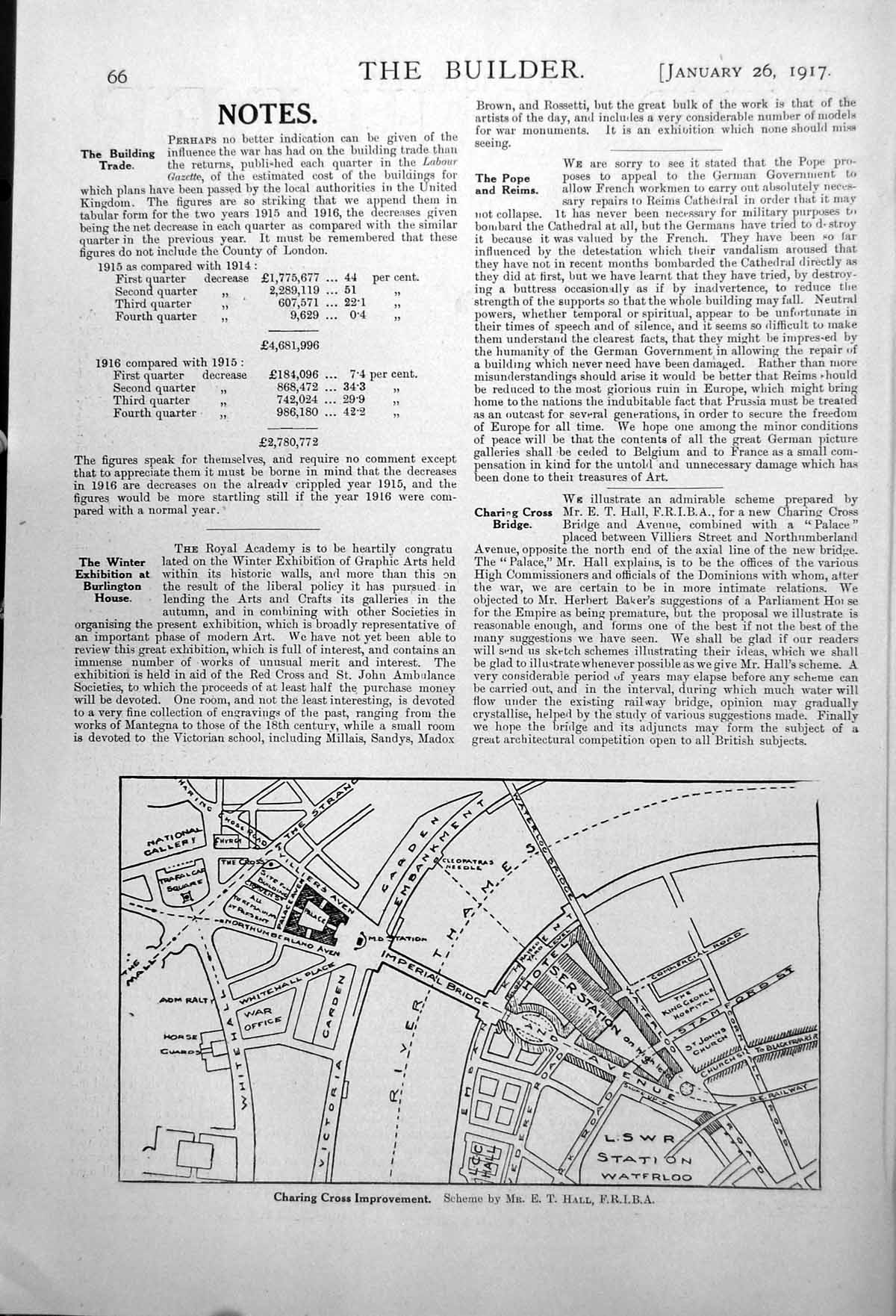 Old Vintage Print Charing Cross Improvement Map River Thames London 1917 20th