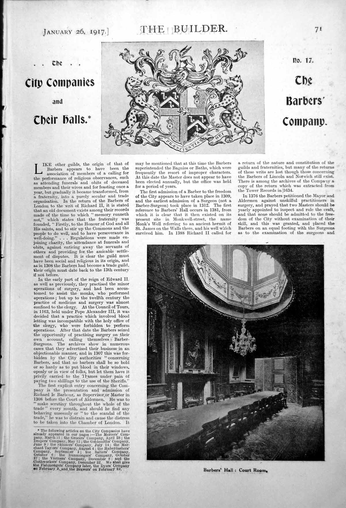 Antique Old Print Barbers' Hall Court Room Staircase Plan As Existing 1917 0