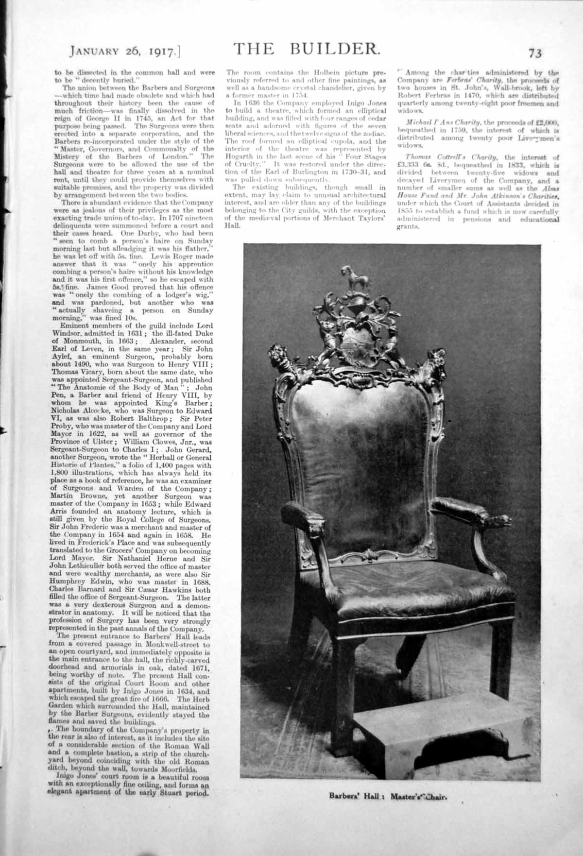 Old Vintage Print Barbers' Hall Master'S Chair Entrance Street View 1917 0 20th