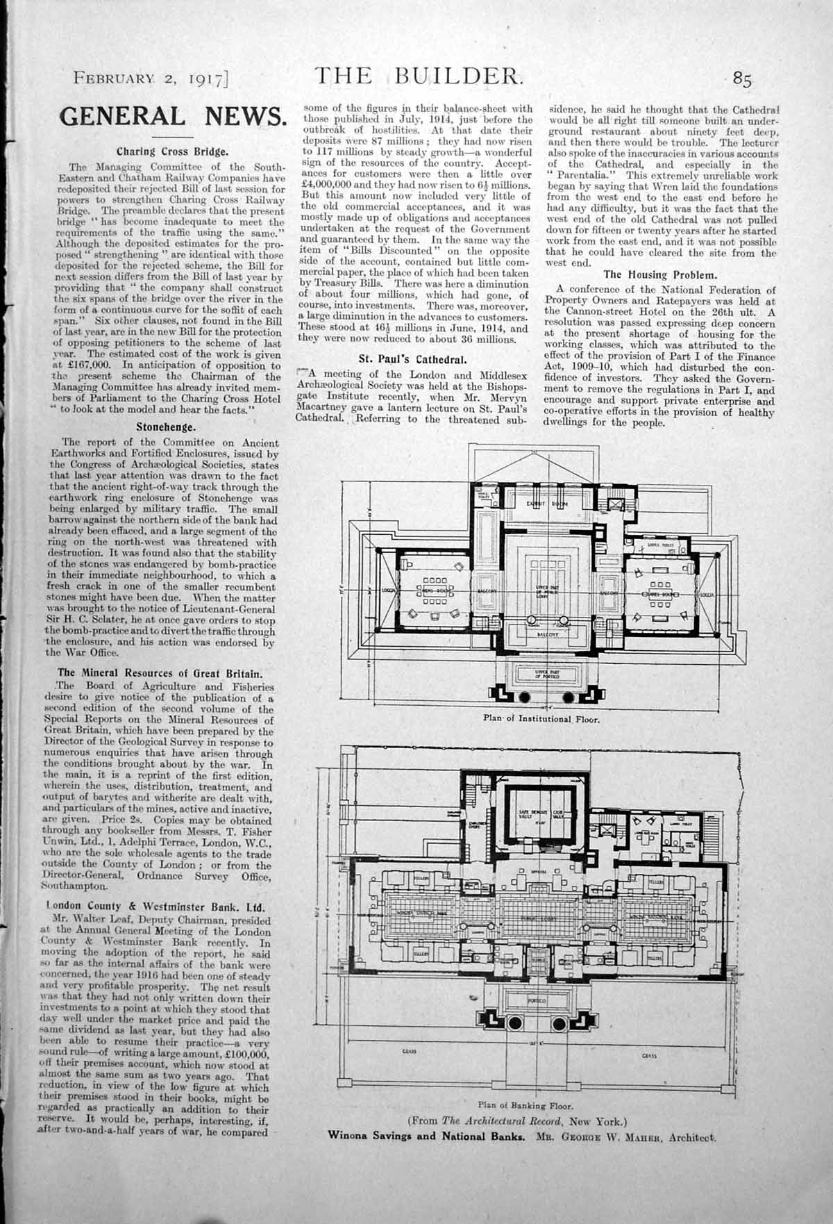 Old Print Winona Savings National Bank Plan Art Gallery Manchester 1917 0 20th