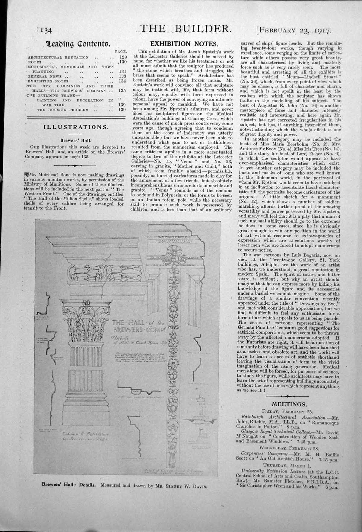 Antique Old Print Brewers' Hall Details Measured Sidney W Davis Column 1917