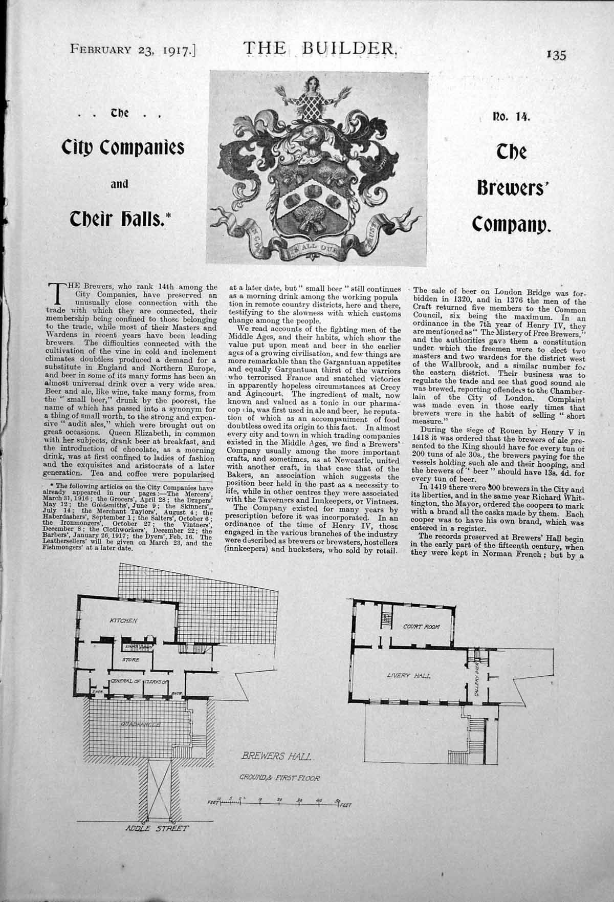 Antique Old Print Brewers' Company Hall Floor Plan External Stairway 1917 20th