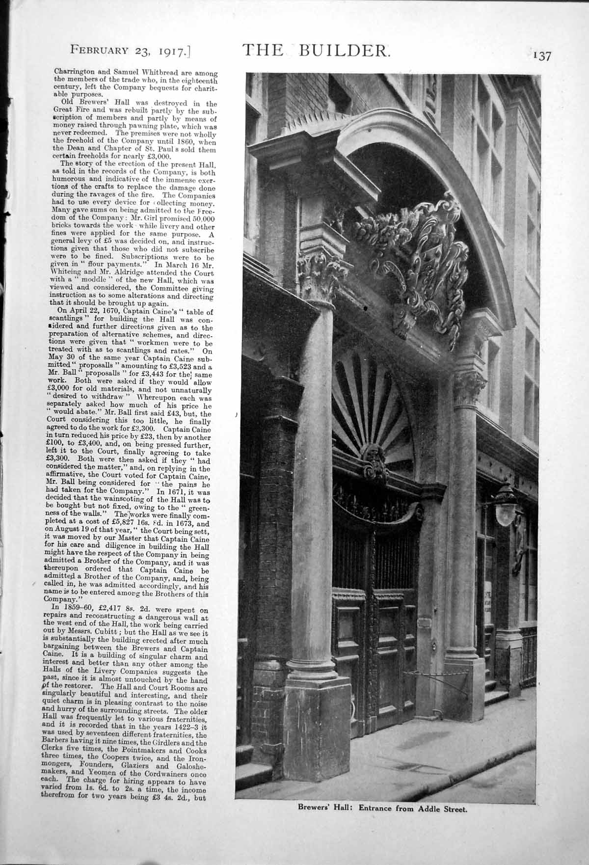 Antique Old Print Brewers' Hall Addle St Stairway From 1St To 2Nd Floor 1917