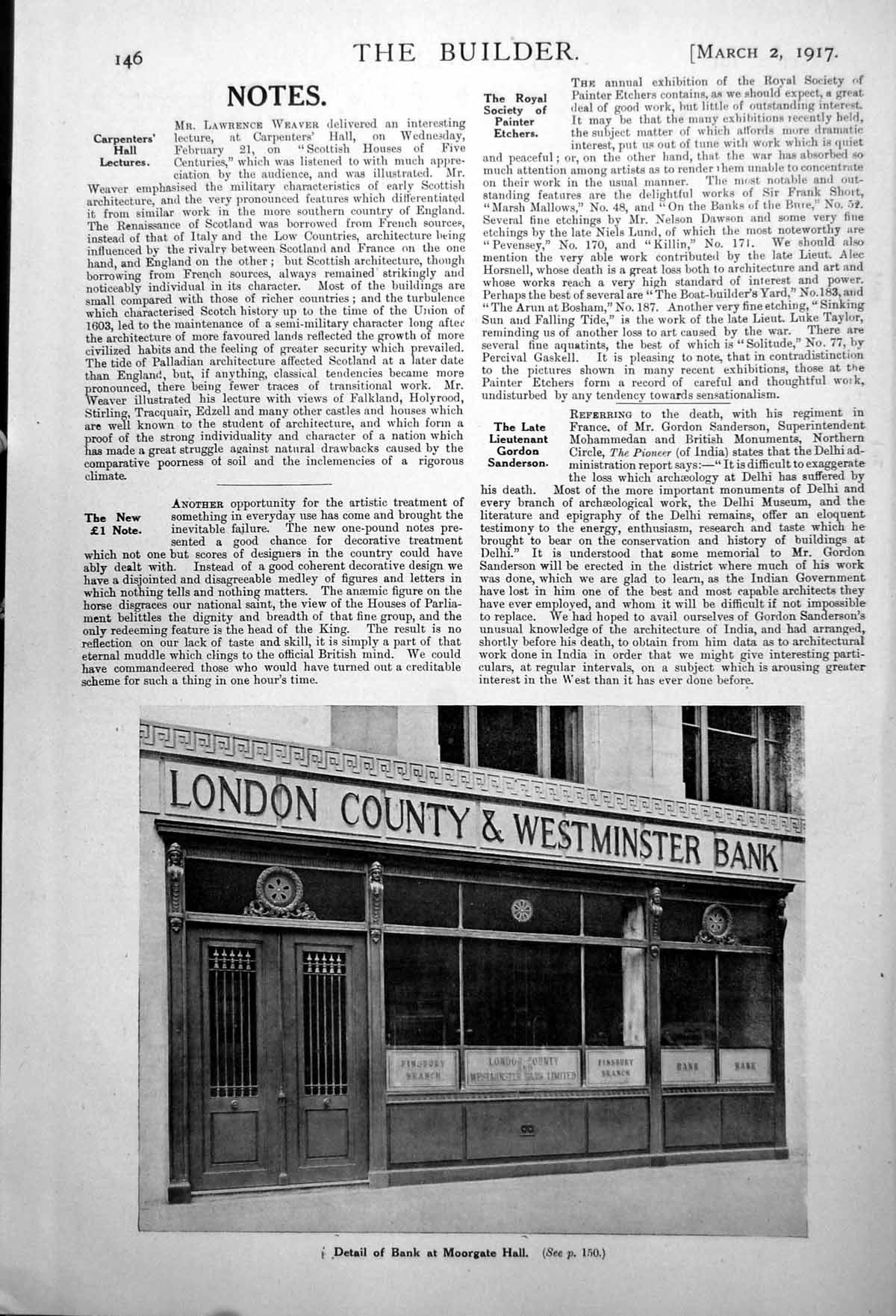 Antique Old Print Detail Bank Moorgate Hall London County & Westminster 1917