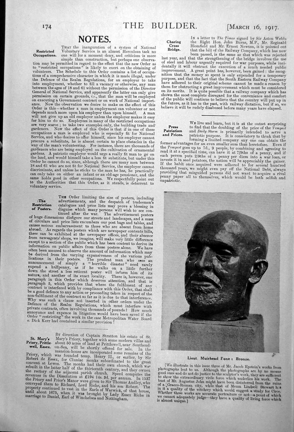 Antique Print Lieut. Muirhead Bone Bronze Sculpture Bust Jacob Epstein 1917