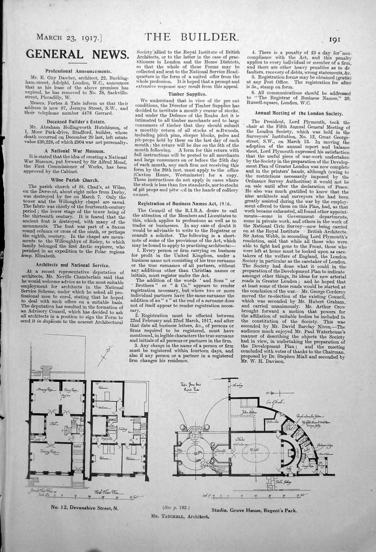 Old Plans Devonshire St Studio Grove House Regents Park Purley 1917 20th