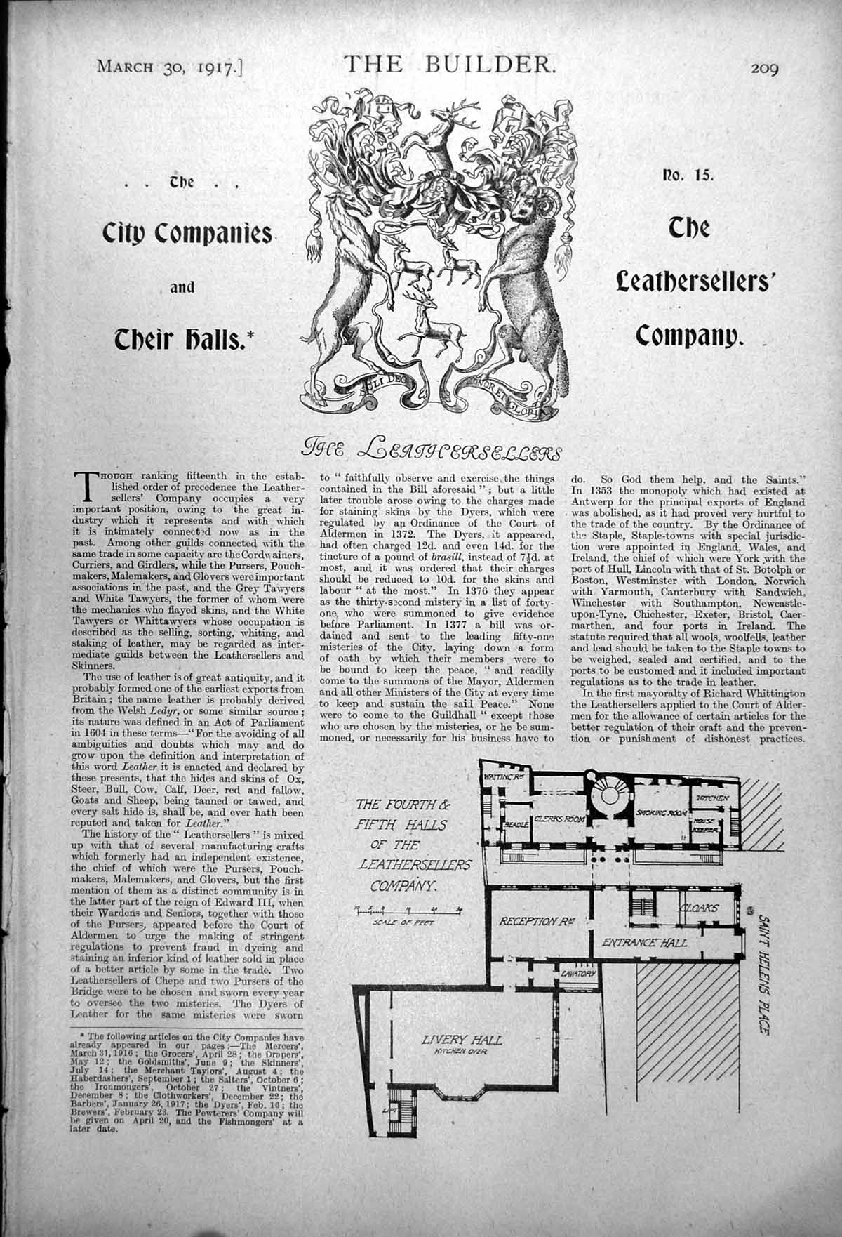 Antique Old Print Leathersellers' Company Floor Plans Fourth Hall Pump 1917