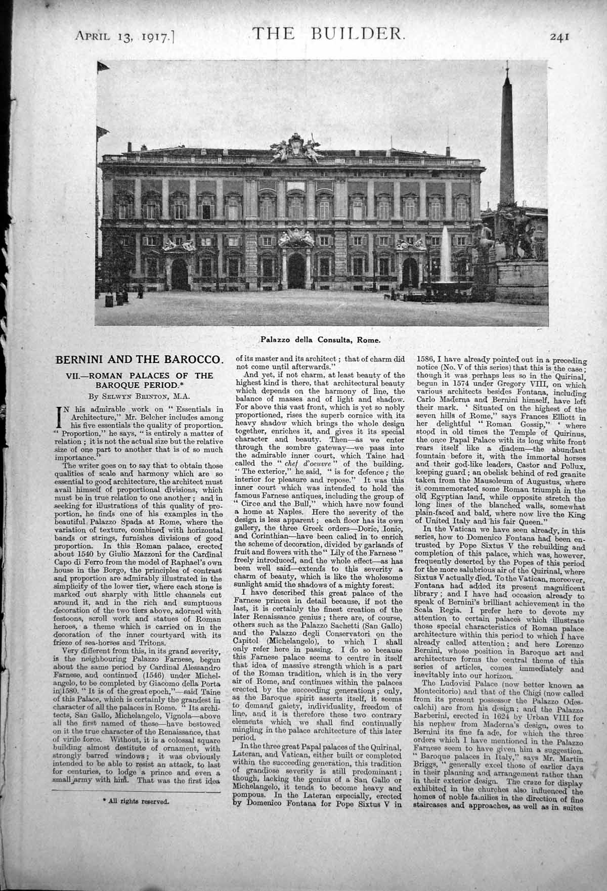 Old Print Palazzo Della Consulta Rome Street View Buildings Fountain 1917 20th