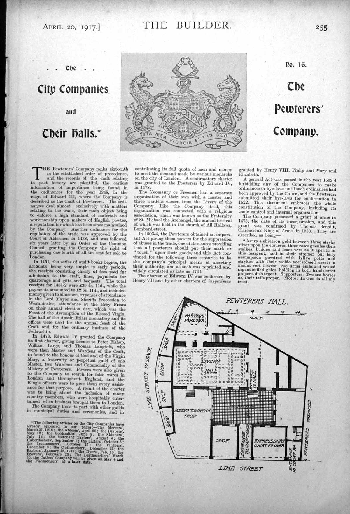 Old Print Pewterers' Company Arms Plan Lime St Front Before Rebuild 1917 20th