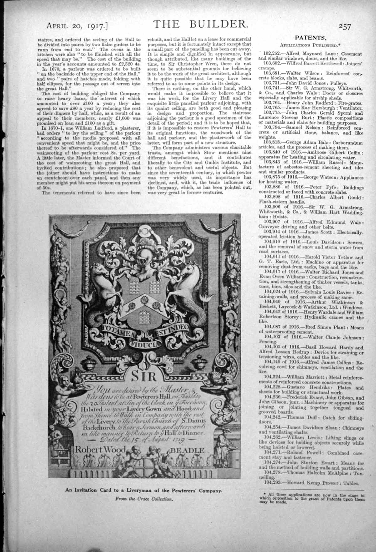 Antique Print An Invitation Card To A Liveryman The Pewterers' Company 1917