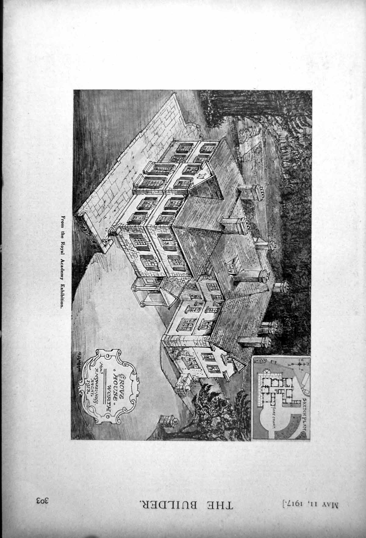 Antique Old Print Grove House Worth Perspective View Plan Am-Hogg Arct. 1917