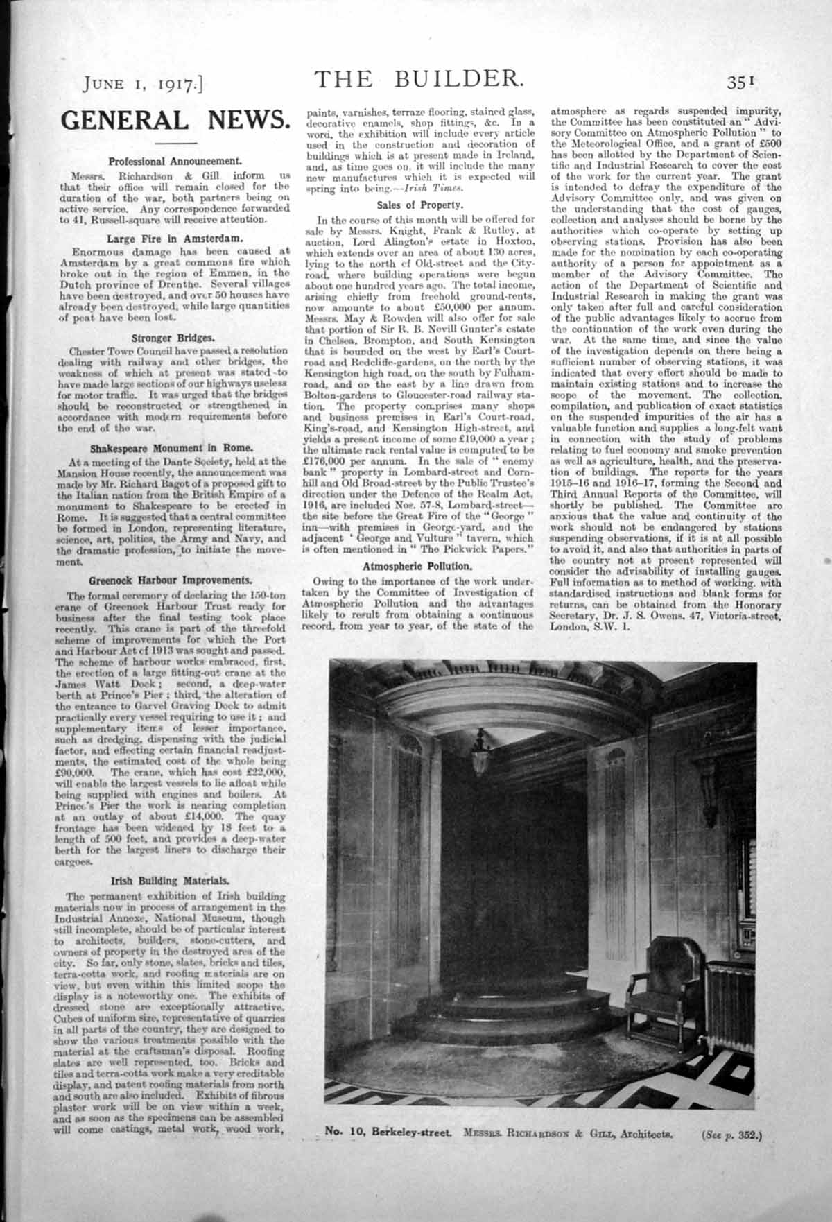 Antique Print No 10 Berkeley Street Interior Entrance Richardson Gill 1917