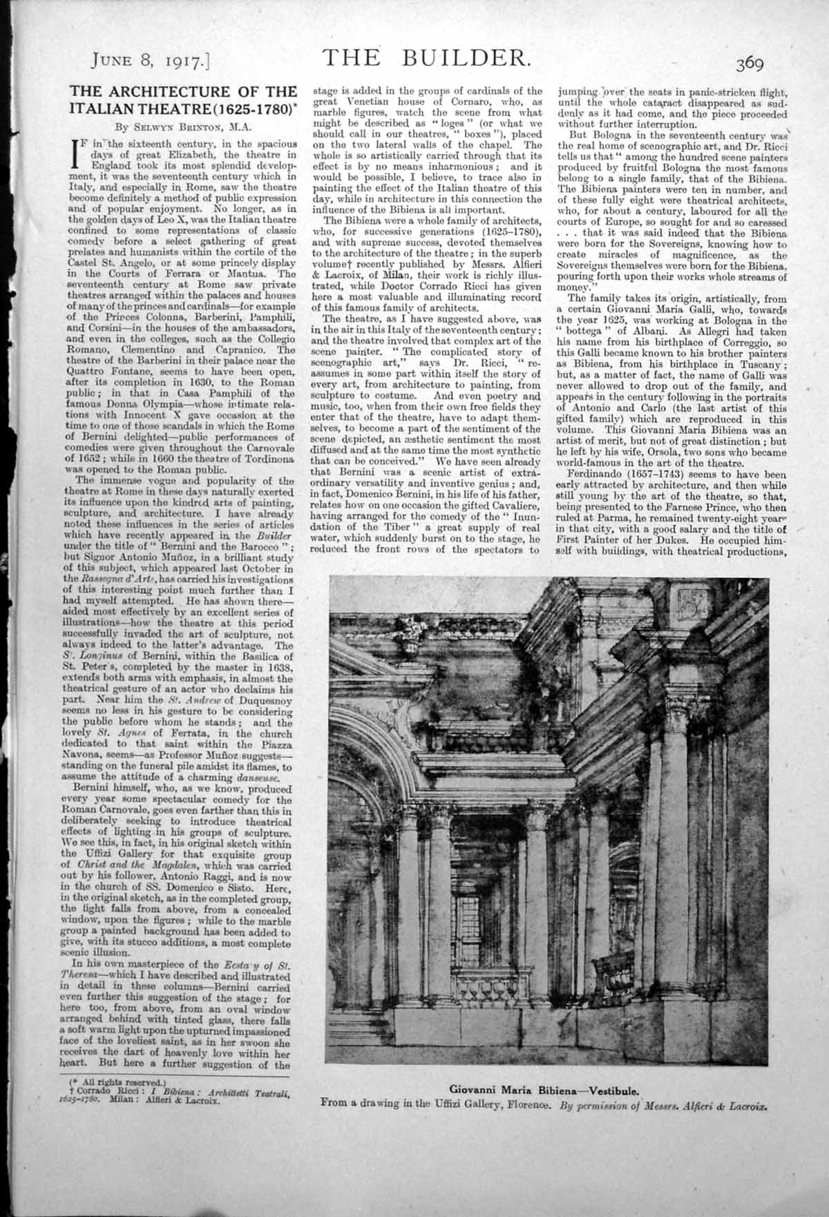 Antique Old Print Giovanni Maria Bibiena Vestibule Ferdinando Details 1917