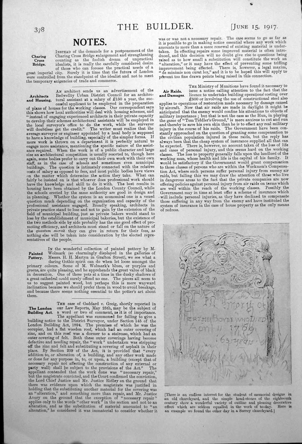 Antique Old Print Example Eighteenth Century Headstone Surrey Churchyard 1917