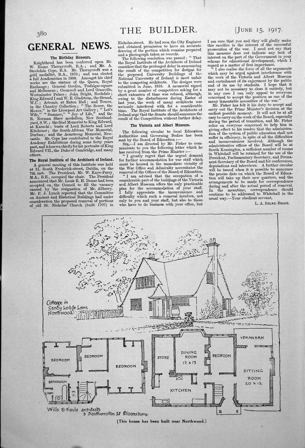 Antique Old Print Cottage Sandy Lodge Lane Northwood Perspective Plans 1917