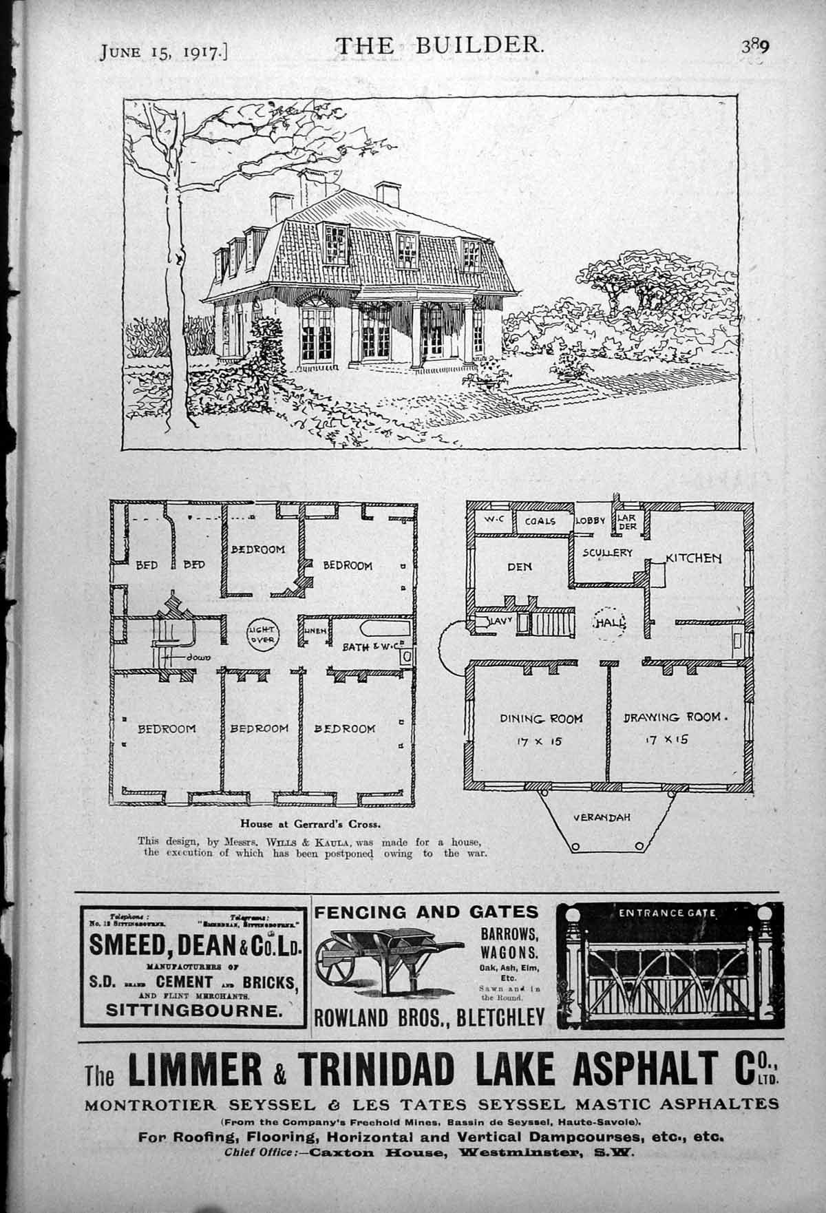 Old Vintage Print House At Gerrard'S Cross Exterior View Floor Plans 1917 20th