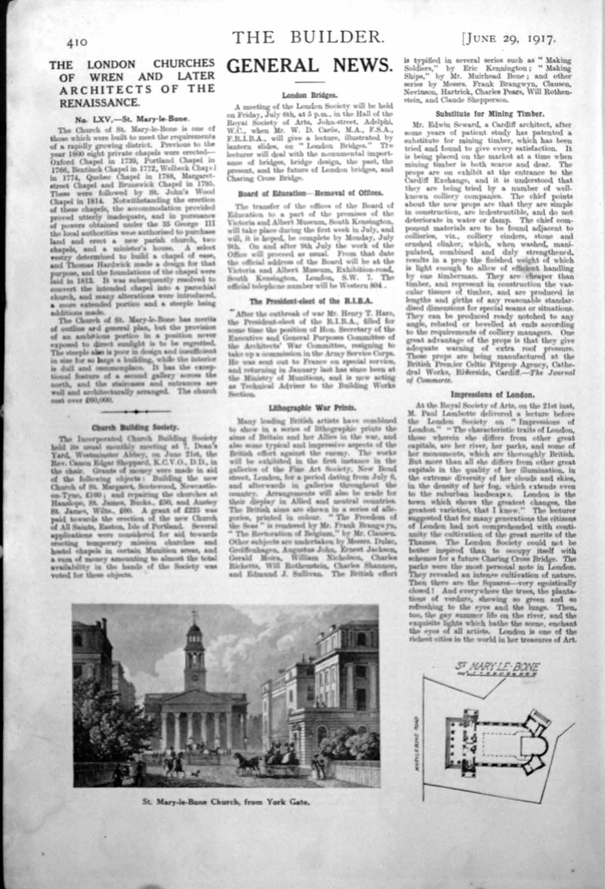 Antique Print St. Mary-Le-Bone Church From York Gate Street View Plan 1917 20th