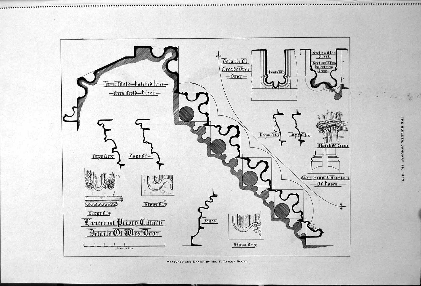 Old Print Lanerrost Priory Church Details West Door Elevation Plan 1917 20th