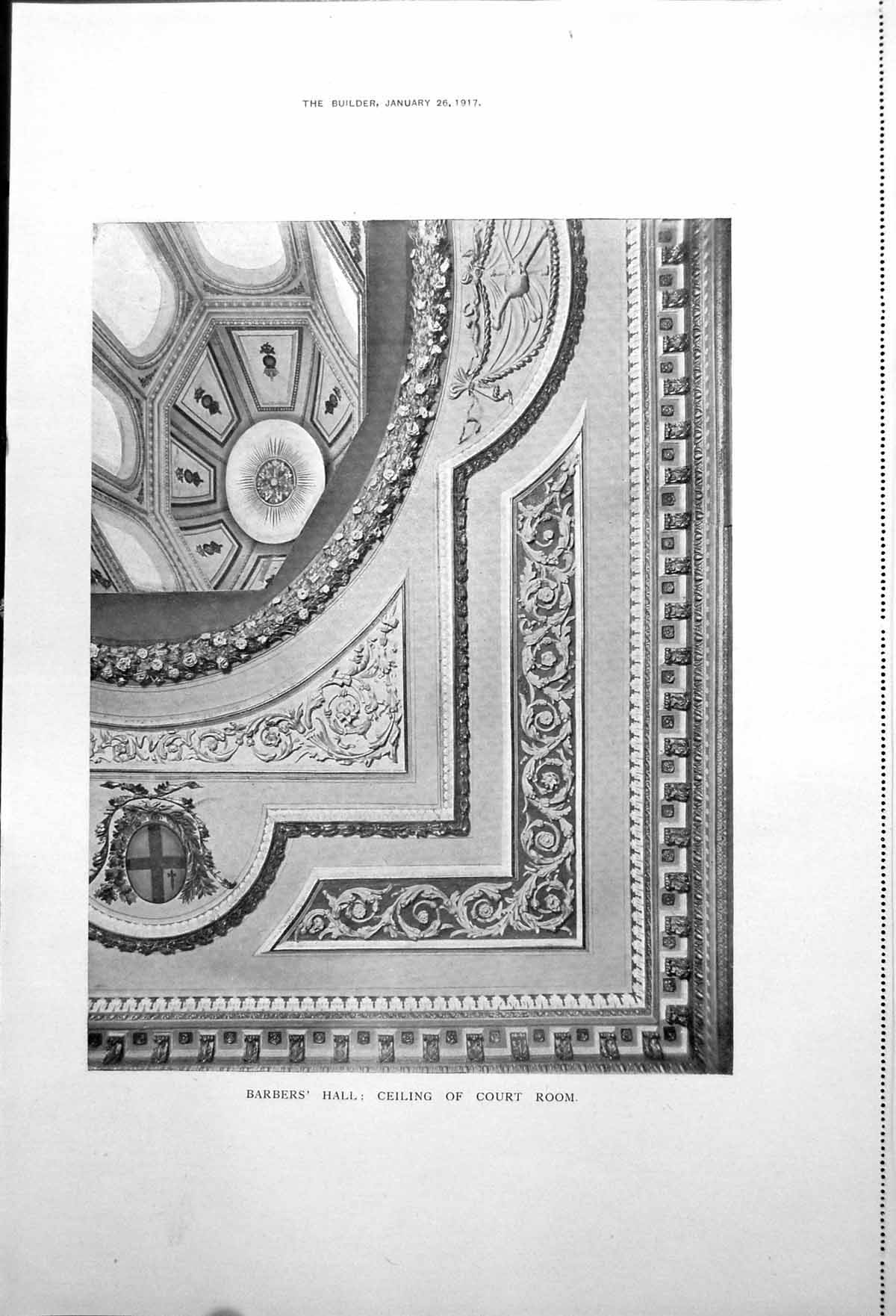 Antique Old Print Barbers' Hall Ceiling Court Room Interior View Room 1917