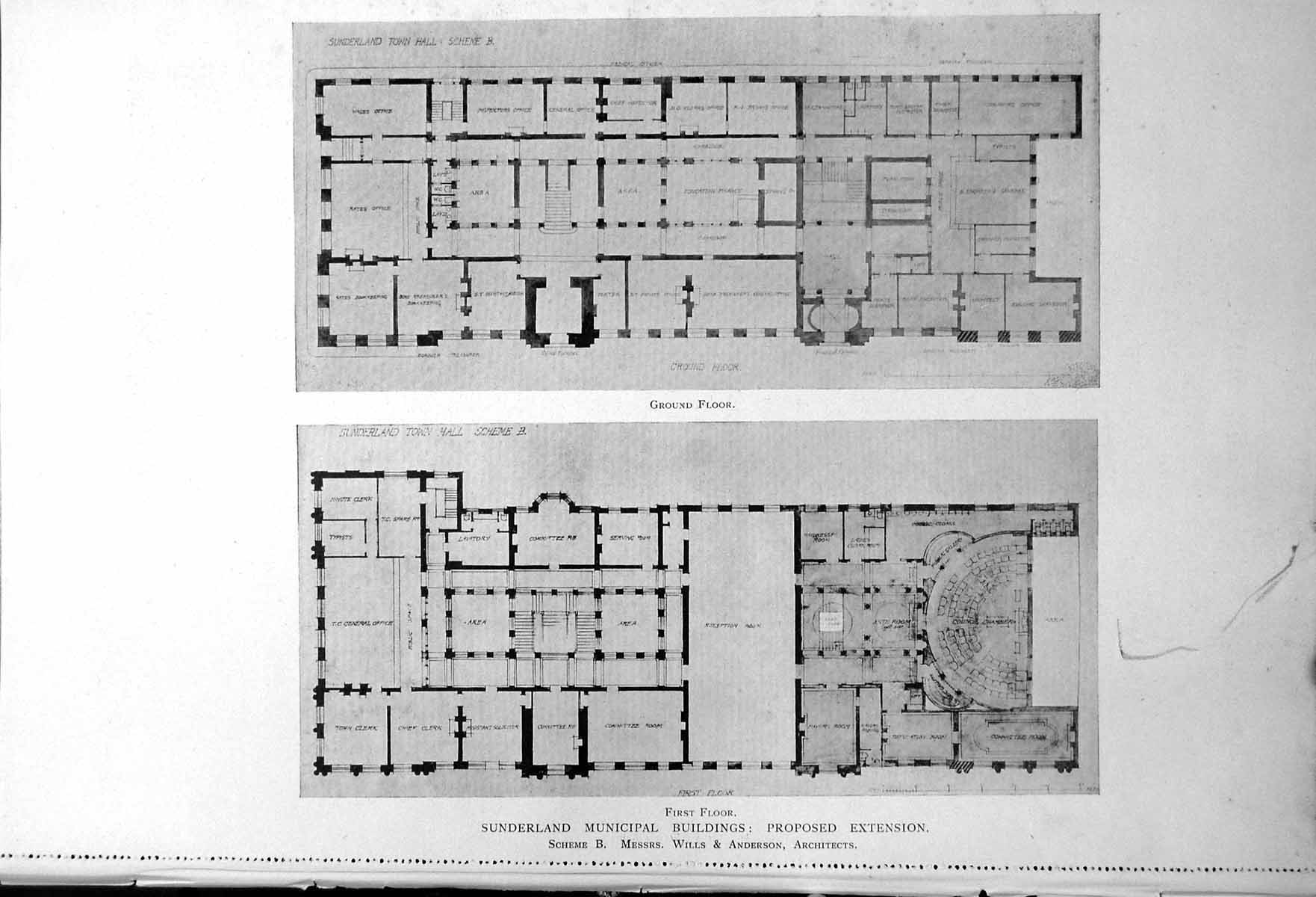 Antique Print Sunderland Municipal Buildings Propsed Extension Plans 1917 20th