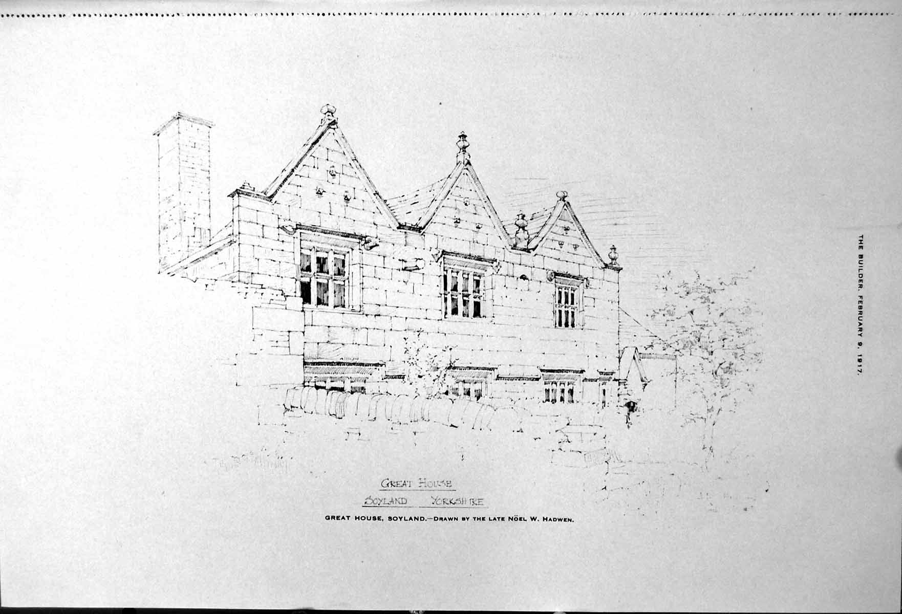 Antique Old Print Great House Soyland Yorkshire Chancel Addebury Church 1917