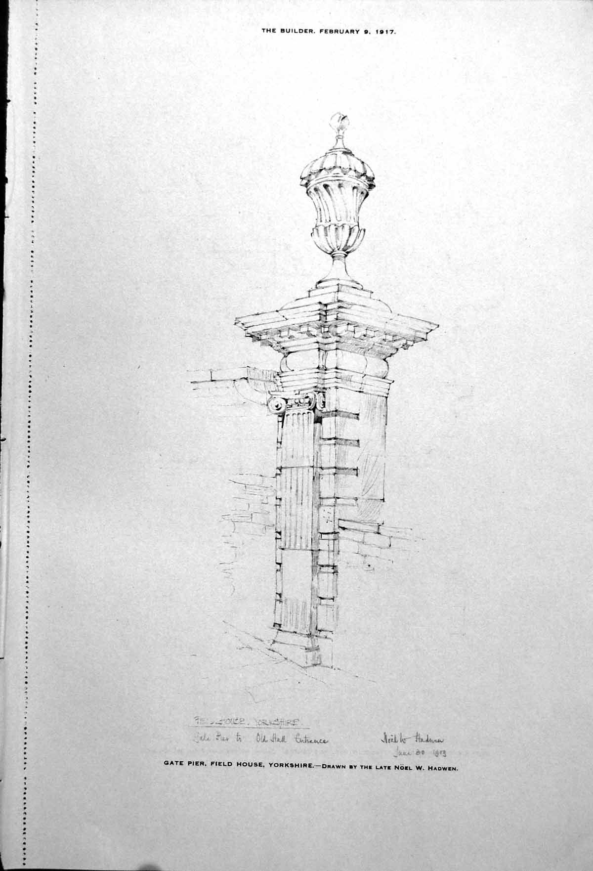 Old Print Gate Pier Field House Yorkshire Details Elevation Section 1917 20th
