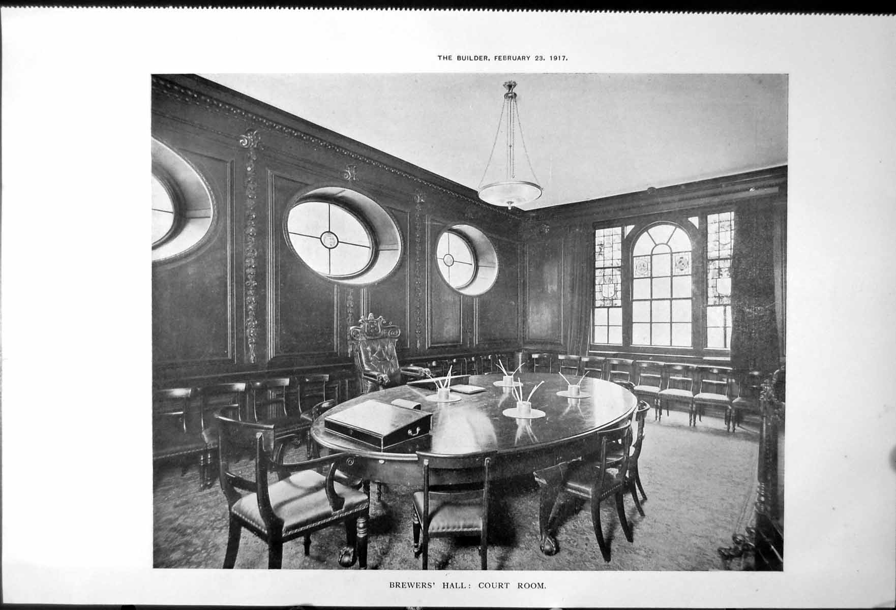 Antique Old Print Brewers' Hall Court Room Livery Room Towards Screen 1917