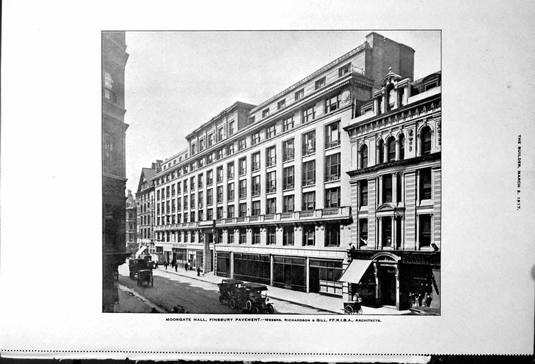 Antique Old Print Moorgate Hall Finsbury Pavement Buildings Street Plan 1917