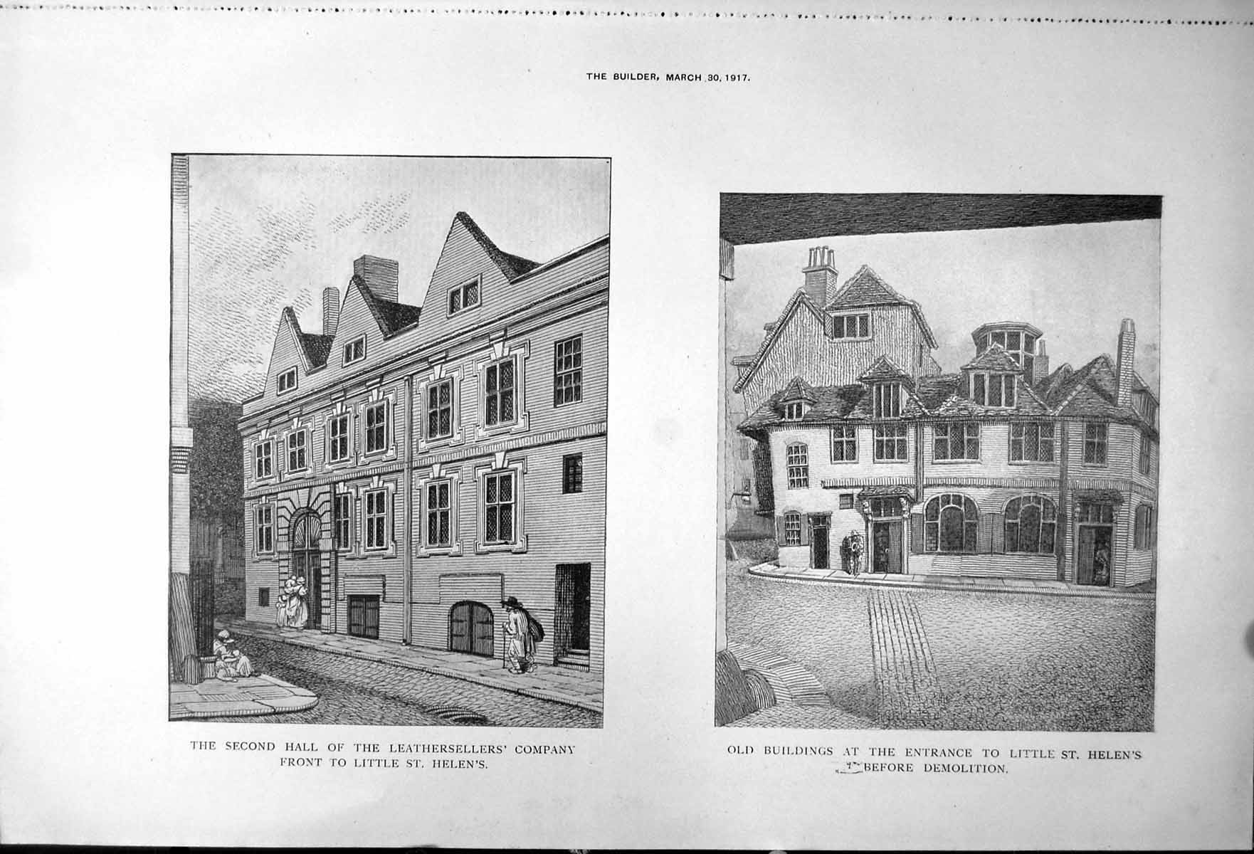 Antique Old Print Little St. Helen'S Leathersellers Company Halls Place 1917